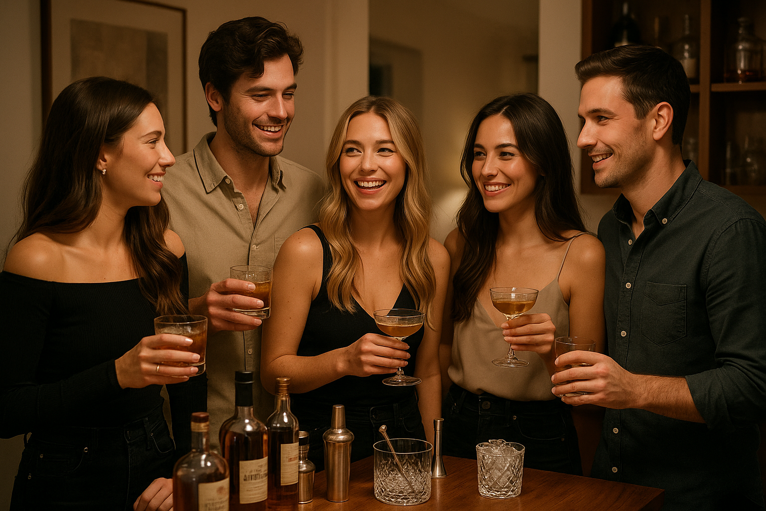 friends gathered for drinks at a home bar