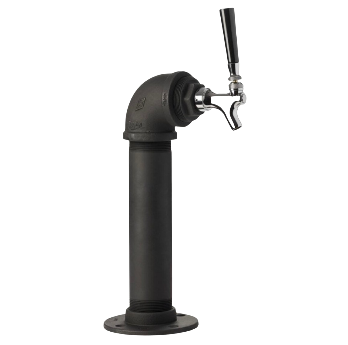A black industrial pipe draft tower with a single beer faucet on a white background